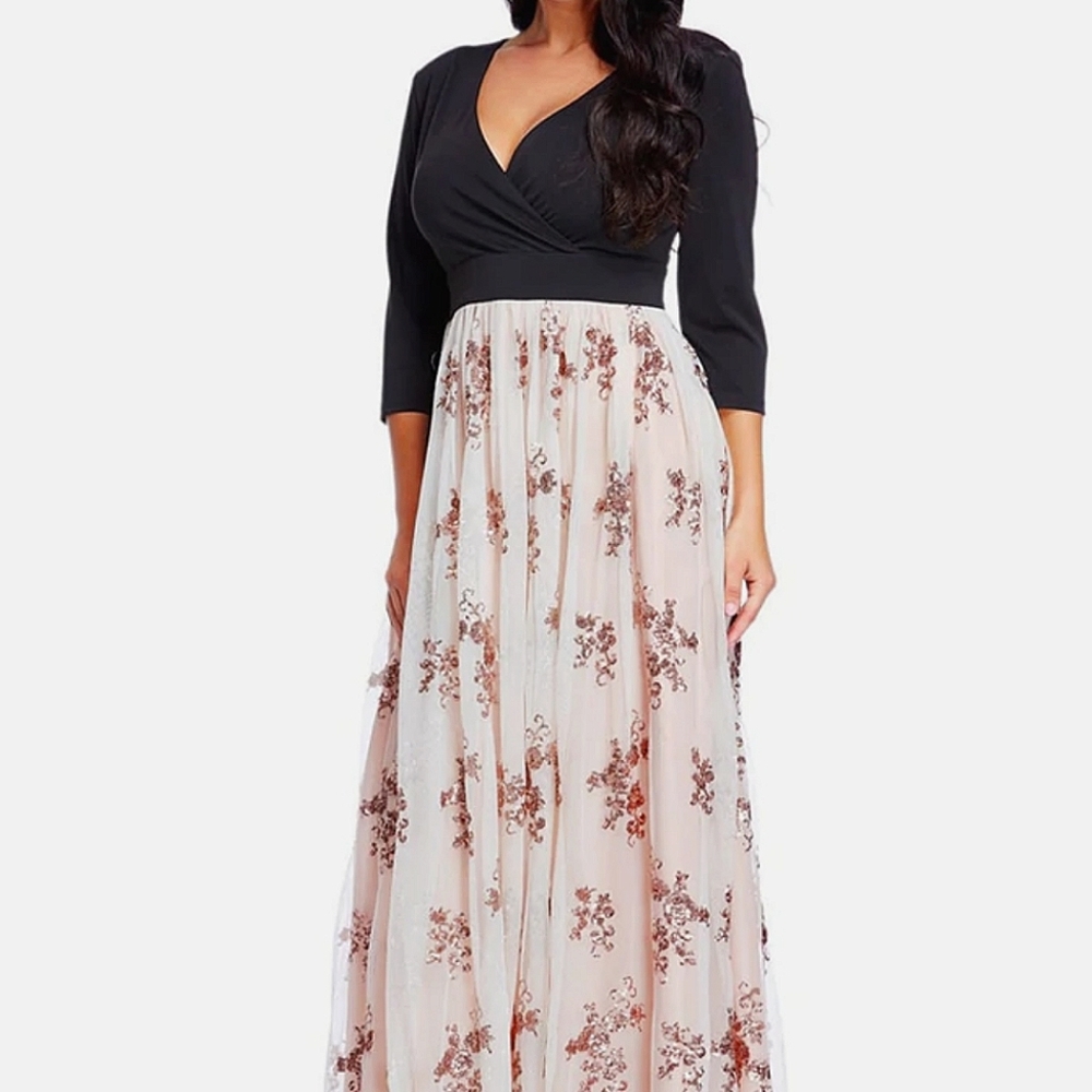 Black & Pale Pink floral sequin Maxi dress Formal 3/4 Sleeved Wedding Mother